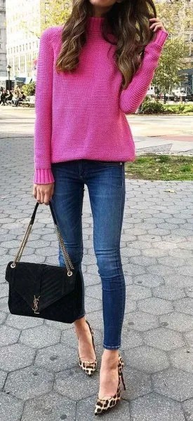 Hot Pink Turtleneck Knit Sweater with Leopard Print Heels