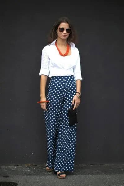 White Cowl Neck Blouse with Navy Polka Dot Wide Leg Pants