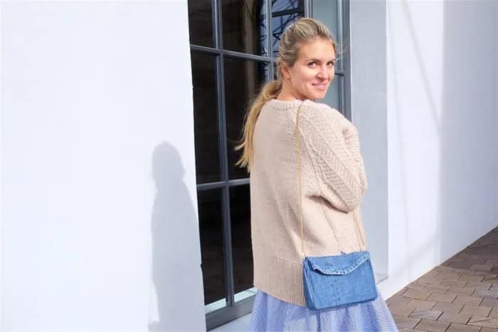 Ivory Sweater Cardigan with Light Blue Flared Midi Skirt & Denim Shoulder Bag