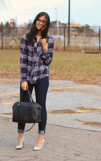 Grey Plaid Shirt with Pale Pink Heels & Black Leather Handbag