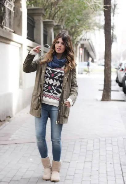 Grey Trench Coat with Tribal Printed Sweater & Snow Boots