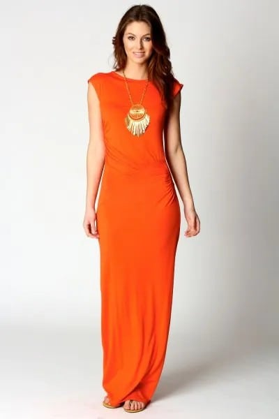 Orange Cap Sleeve Dress with Boho Style Statement Necklace