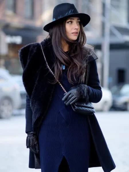 Navy Blue Ribbed Sweater Dress with Faux Fur Black Coat