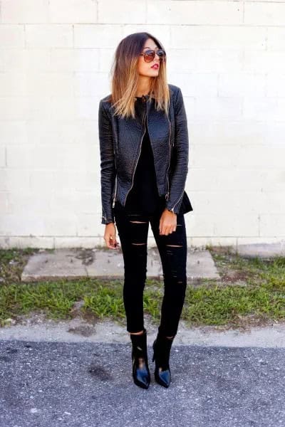 Biker Leather Jacket with Ripped Black Skinny Jeans & Leather Boots