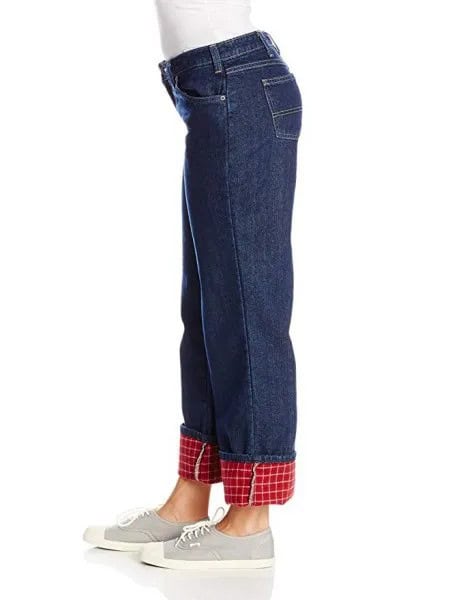 White Form Fitting Long Sleeve Tee with Blue Straight Leg Flannel Lined Jeans