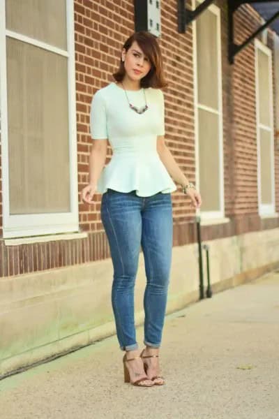 White Peplum Form Fitting Blouse with Blue Cuffed Skinny Jeans