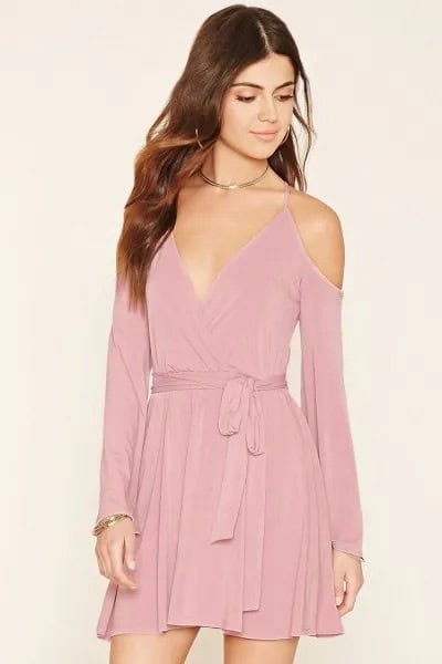 Blush Pink Deep V Neck Tie Waist Mini Flared Velvet Dress