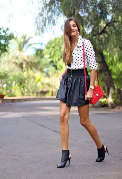 White and Black Polka Dot Blouse with Faux Leather Mini Skirt