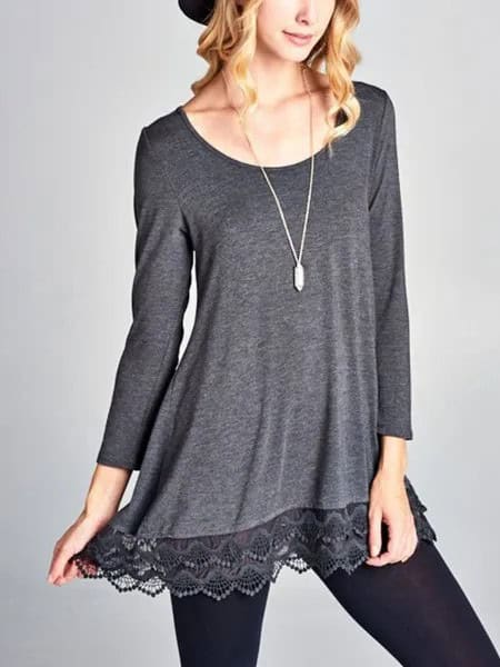 Grey Long Sleeve Boat Neck Lace Hem Tunic Tee with Black Leggings