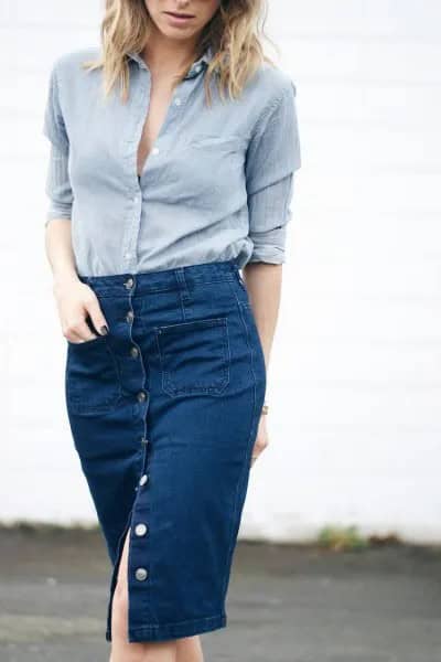 Blue Linen Button Up Shirt with Knee Length Denim Skirt