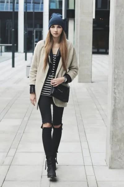 Blush Pink Wool Coat with Black and White Striped Tank Top & Ripped Knee Jeans