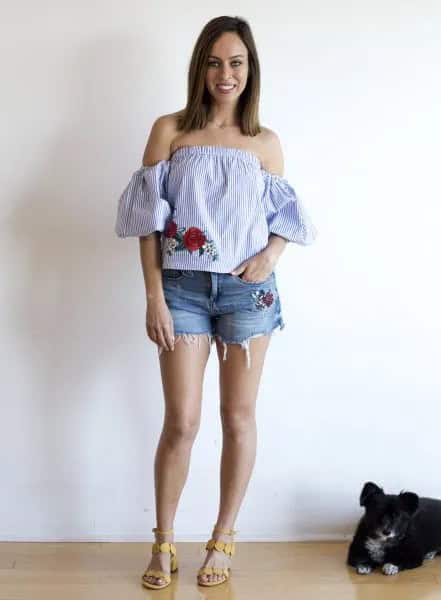 Blue and White Striped Off The Shoulder Blouse with Mini Floral Embroidered Summer Denim Shorts