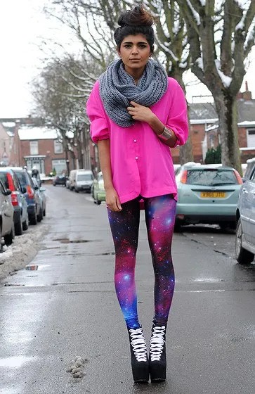 Purple Galaxy Leggings with Shocking Pink Blouse