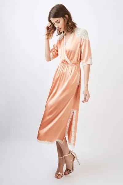 Pink Silk Gathered Waist Midi Wrap Dress