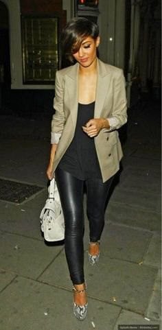 Blazer with Black Scoop Neck Tank Top & Leather Pants