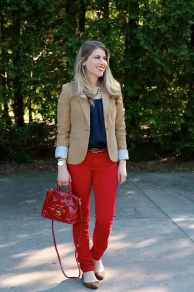 Blush Pink Blazer with Navy Blouse & Red Belt