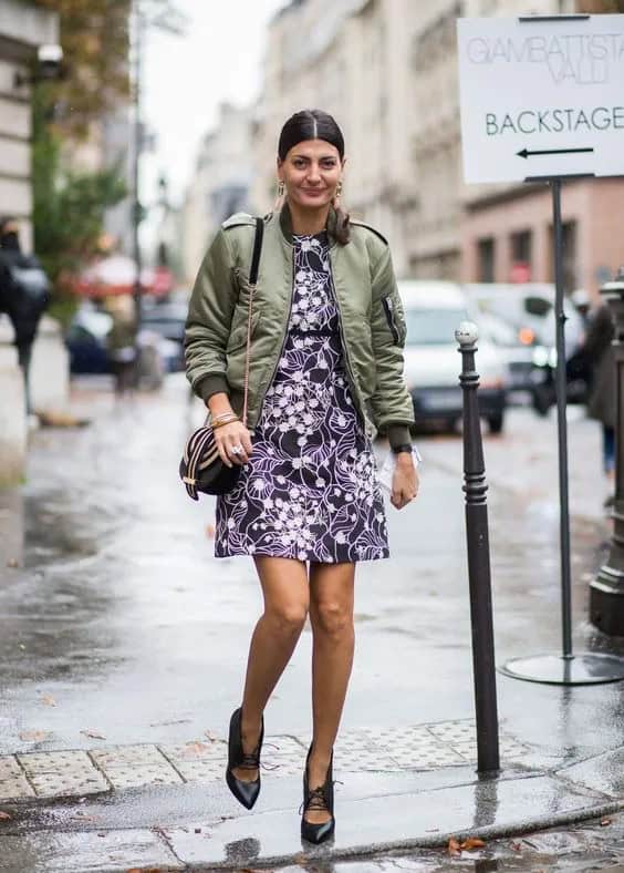 Elegant Dress and Olive Green Bomber Jacket