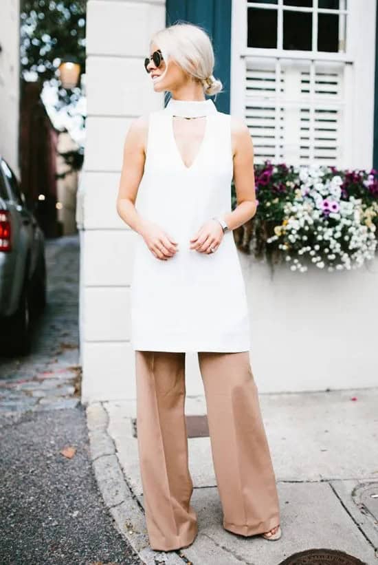 White Tunic and Camel Pants