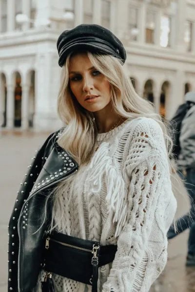 White Cable Knit Chunky Sweater with Studded Moto Jacket & Leather Painter’s Hat