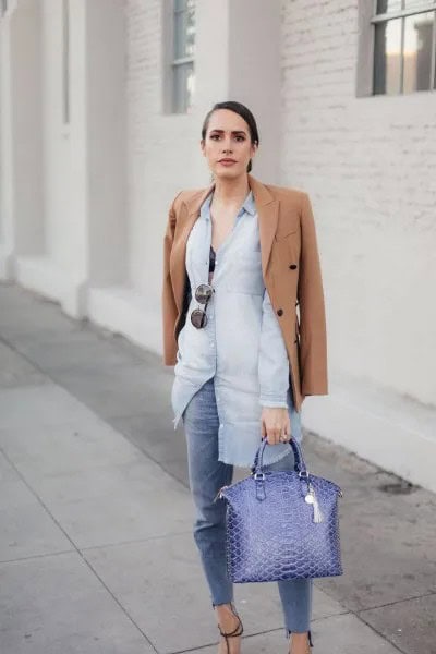 Light Blue Button Up Chambray Shirt Dress with Jeans & Faux Denim Handbag