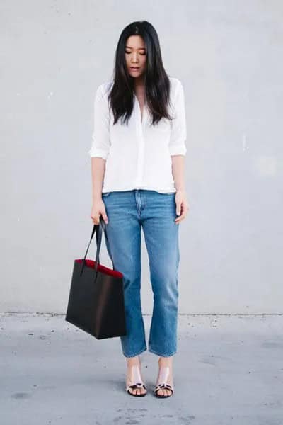 White Button Up Shirt with Cropped Jeans & Pink Open toe Leather Sandals