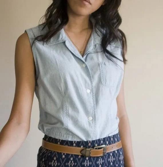 Chambray Front Pocket Sleeveless Shirt with Tribal Printed Mini Skirt