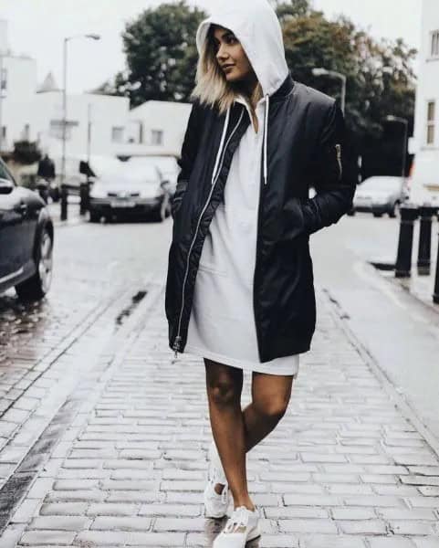 White Hoodie Dress with Long Black Bomber Jacket