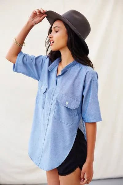 Light Blue Half Sleeve Chambray Side Slit Button Up Shirt with Black Mini Shorts