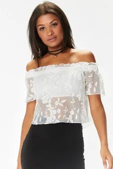 White Off the shoulder Floral Mesh Top with Pencil Skirt