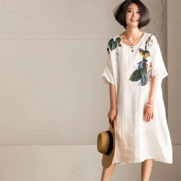 White Floral Linen Swing Dress