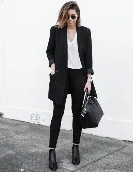 Black Oversized Blazer Jacket with White V Neck Tee & Boots