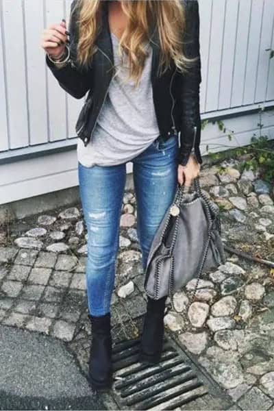 Black Leather Jacket, Grey Tee & Ripped Jeans