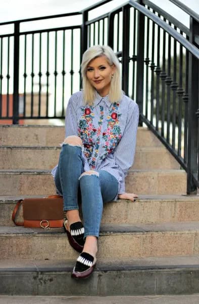 Blue and White Striped Embroidered Shirt with Black Suede Backless Loafers