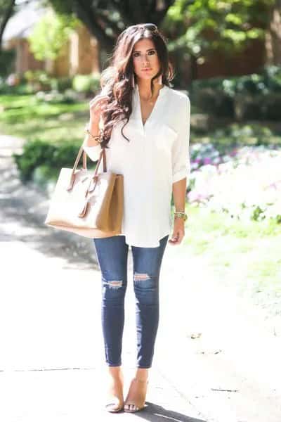 White V Neck Summer Tunic Blouse with Blue Skinny Ripped Jeans