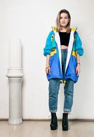 Blue, Pink and Yellow Windbreaker with Black Crop Top & High Rise Jeans