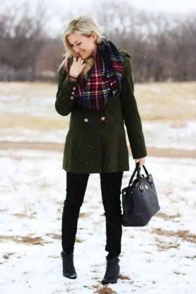 Dark Grey Double Breasted Wool Blazer with Black and Blue Plaid Scarf