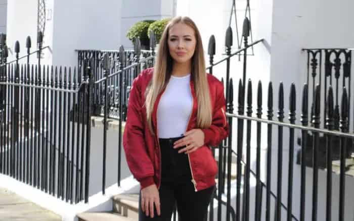 Red Jacket with White Form Fitting Top & Black High Waisted Jeans