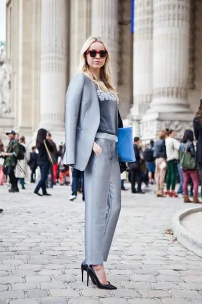 Teal Blue Coat Suit with Grey Scoop Neck Velvet Top