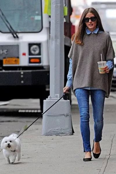 Grey Poncho Sweater with Blue Chambray Button Up Shirt