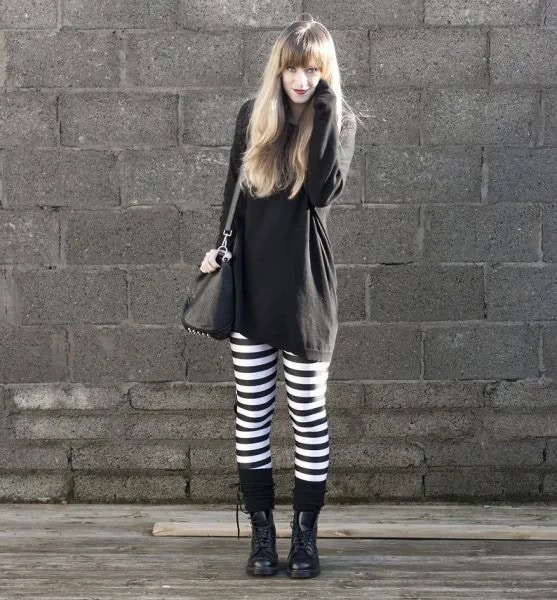 Black Sweatshirt Dress with Horizontal Striped Leggings