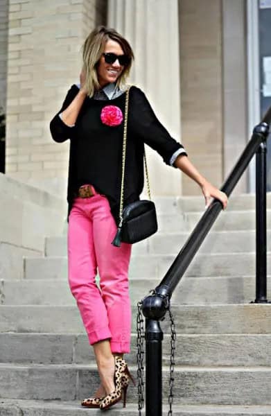 Black Three Quarter Sleeve Sweater with Pink Cuffed Jeans