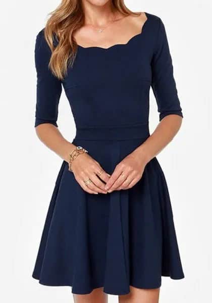 Navy Half Sleeve Wavy Neckline Skater Dress