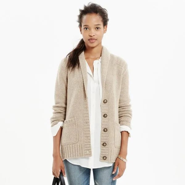 Ivory Cardigan with White Linen Boyfriend Shirt