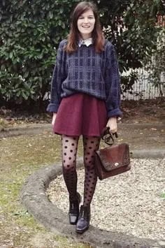 Grey and Navy Blue Sweater with Brown Shorts & Polka Dot Patterned Tights