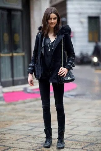 Black Parka Jacket with Leather Details & Ankle Boots