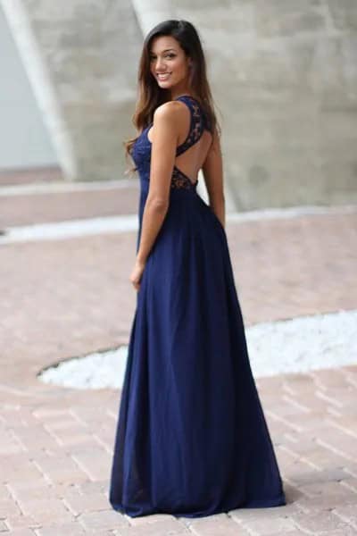 Navy Blue Open Back Maxi Flowy Dress with Black Ballet Heels