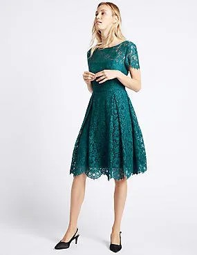 Dark Teal Short Sleeve Midi Flared Lace Dress