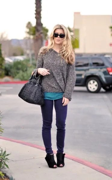 Heather Grey Chunky Sweater with Purple Jeans & Suede Boots