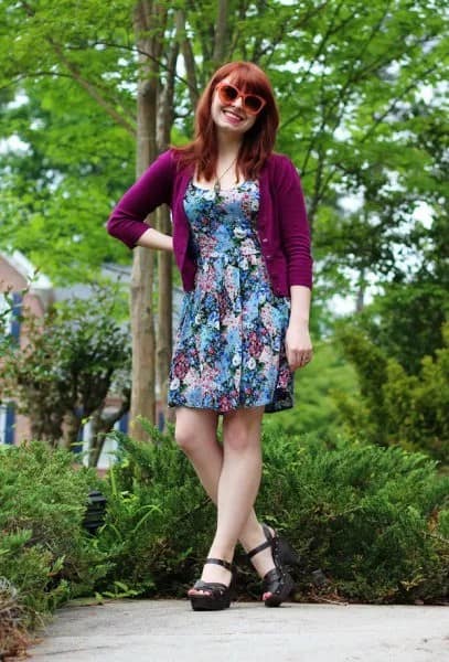 Three Quarter Sleeve Purple Cardigan with Floral Mini Dress