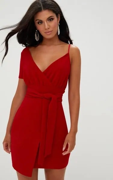 Red One Sleeve Wrap Dress